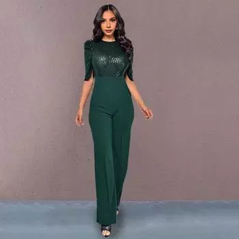 Летние женские повседневные прямые широкие брюки с круглым вырезом и половиной рукавов, длинный комбинезон с тонкой талией L шампанского