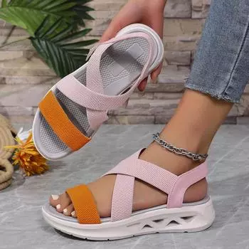 Летние женские повседневные сандалии с открытым носком на мягкой подошве, удобные, модные эластичные лямки, цветные блокированные уличные пляжные туфли 36 чёрный