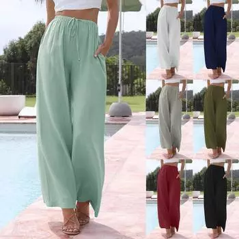 Летние женские повседневные широкие брюки со свободными завязками и передним карманом, однотонные повседневные женские рабочие повседневные брюки S белый