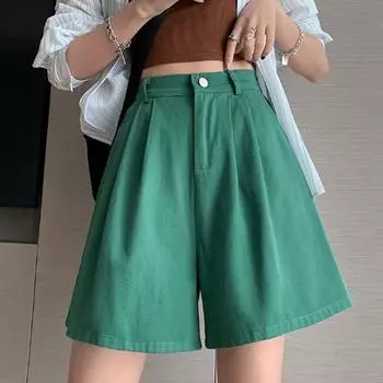 Летние женские повседневные шорты, свободные трапециевидные шорты с высокой талией, универсальные широкие шорты, модные элегантные женские уличные шорты 503 S чёрный