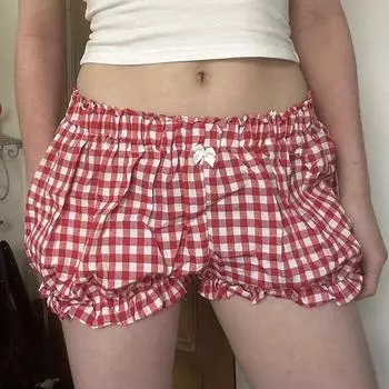 Летние женские повседневные шорты в праздничный стиль с маленьким бантом в клетку S красный
