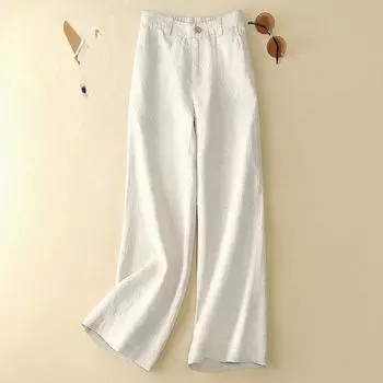 Летние женские повседневные свободные брюки больших размеров с эластичной резинкой на талии, хлопковые льняные тонкие широкие брюки, прямые брюки 2XL бежевый