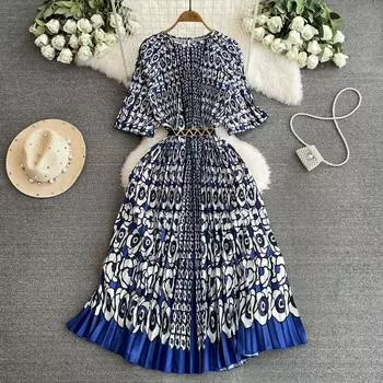 Летние женские повседневные свободные длинные макси-плиссированные платья с коротким рукавом и принтом с поясом One Size