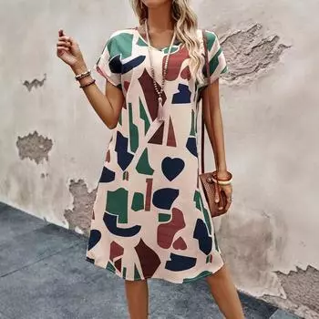 Летние женские повседневные свободные платья с коротким рукавом и принтом S разноцветный