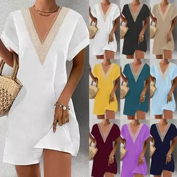 Летние женские повседневные свободные повседневные мини-платья с глубоким V-образным вырезом и коротким рукавом S белый