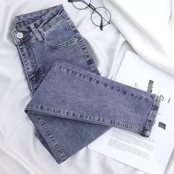 Летние женские повседневные универсальные эластичные джинсы с высокой талией больших размеров для похудения 32 чёрный