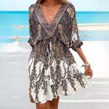 Летние женские праздничные этнические платья с V-образным вырезом и рукавом 1/2 S серый