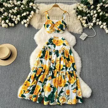 Летние женские праздничные пляжные наряды с принтом, сексуальный бюстгальтер, жилет на тонких бретельках, топ и длинная большая распашная юбка, комплект из двух предметов S жёлтый