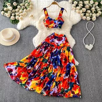 Летние женские праздничные пляжные наряды с принтом, модный жилет на тонких бретельках, топ и длинная макси-юбка, комплект из двух предметов S