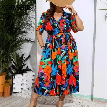 Летние женские праздничные пляжные платья больших размеров с v-образным вырезом и цветочным принтом