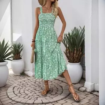 Летние женские принтованные халтер милые свежие длинные платья в деревенском стиле S зелёный