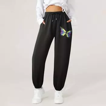 Летние женские прямые свободные повседневные брюки с принтом и шнурком S чёрный