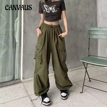 Летние женские рабочие брюки больших размеров с высокой талией, широкие брюки, повседневные спортивные брюки с завязками S армия зеленый