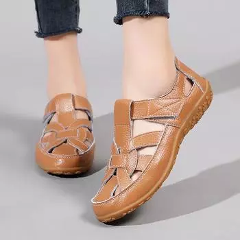 Летние женские римские сандалии Essentials Мэри Джейн Пляжные дышащие туфли на плоской подошве Повседневные мягкие прогулочные сандалии с закрытым носком для девочек больших размеров EU:35 бежевый
