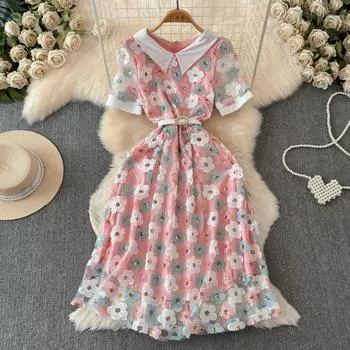 Летние женские роскошные блестящие цветочные сладкие сетчатые вечерние платья с поясом из бриллиантов S розовый