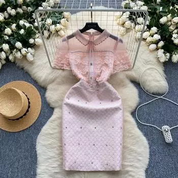 Летние женские роскошные кружевные жаккардовые лоскутные мини-платья с бисером, розовые милые вечерние платья принцессы S розовый