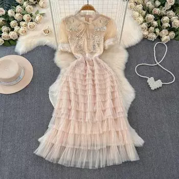 Летние женские роскошные вечерние платья принцессы с бисером и блестками, кружевные сетчатые лоскутные платья S абрикосовый