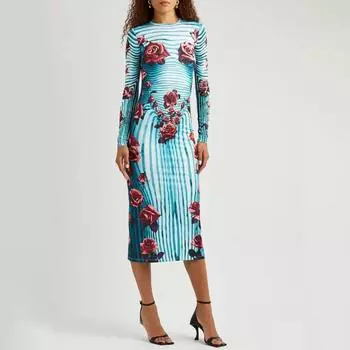 Летние женские розовые полосатые платья в полоску с принтом темперамента с узким пакетом и длинным рукавом S небесно-голубой