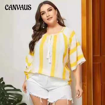 Летние женские рубашки больших размеров, женские полосатые топы с короткими рукавами, свободная блузка с завязками и кисточками вокруг шеи XL жёлтый