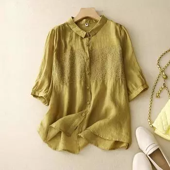 Летние женские рубашки на пуговицах, литературная свободная хлопковая льняная блузка с вышитыми цветами, повседневная рубашка с короткими рукавами, топ M белый