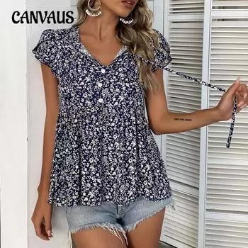 Летние женские рубашки, повседневные рубашки с принтом, топы с короткими рукавами и цветочным принтом S чёрный