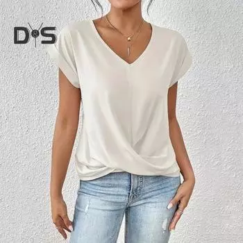 Летние женские рубашки с коротким рукавом и V-образным вырезом, однотонные повседневные дышащие топы, универсальные модные блузки для джинсов и юбок S чёрный