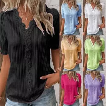Летние женские рубашки с v-образным вырезом и кружевной строчкой в стиле пэчворк, пуловер с короткими рукавами, офисный элегантный топ, офисная женская блузка M белый