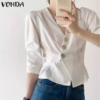 Летние женские рубашки VONDA с рукавами-фонариками и пуговицами, топы