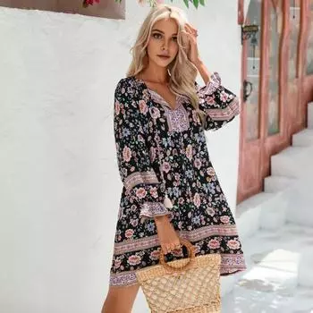 Летние женские с V-образным вырезом в богемном стиле с цветочным принтом и кисточками с длинными рукавами, трапециевидной формы, свободные для отпуска, пляжные мини-мини S