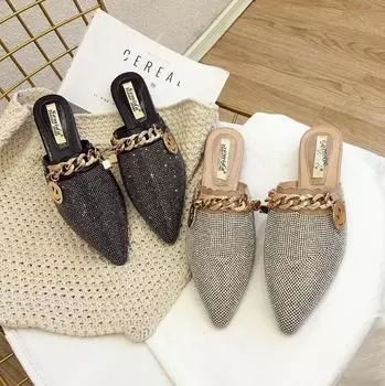 Летние женские сандалии Baotou Flat Sandals со стразами 2020 года: Модные полутапочки без застежек 39 чёрный