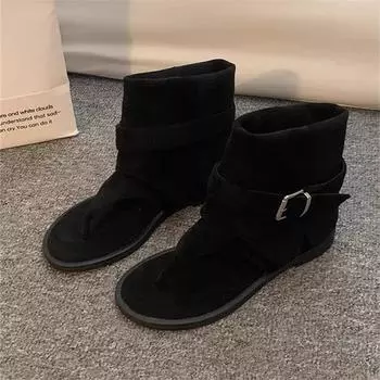 Летние женские сандалии «елочка» 2025 года, новые темпераментные ботинки на плоской подошве, крутые ботинки с широким голенищем, складские короткие ботинки-труба 35 чёрный