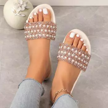 Летние женские сандалии и тапочки на плоской подошве с жемчугом Женские сандалии с квадратным носком Женские сандалии Тапочки 35 абрикосовый