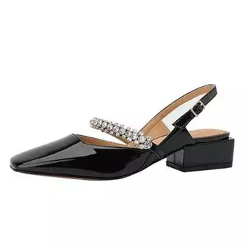 Летние женские сандалии из натуральной овечьей кожи, женские сандалии из лакированной кожи с пряжкой, туфли на каблуке с квадратным носком 34 чёрный