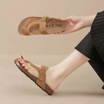 Летние женские сандалии из пробки, шлепанцы из коровьей замши, пробковые тапочки, пляжные шлепанцы, женская обувь в стиле ретро в римском стиле 36 коричневый