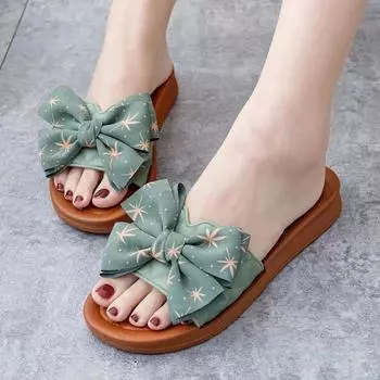Летние женские сандалии из ПВХ с бантом, повседневная обувь толщиной 3 см, однорядные тапочки с плоской подошвой 2025 36 зелёный