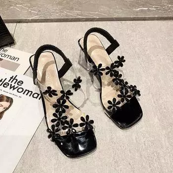 Летние женские сандалии из ПВХ с кристаллами и цветочным декором, элегантная модная женская обувь на массивном каблуке с открытым носком и эластичной лентой сзади 34 чёрный