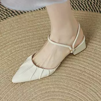 Летние женские сандалии Krazing Pot из микрофибры с острым носком и босоножками на толстом среднем каблуке и пряжкой с жемчугом и пряжкой 34 слоновая кость