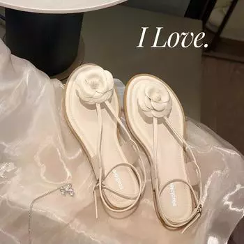 Летние женские сандалии, модные брендовые туфли на плоской подошве, дизайн с цветочной лентой, черный, белый цвет 35 чёрный