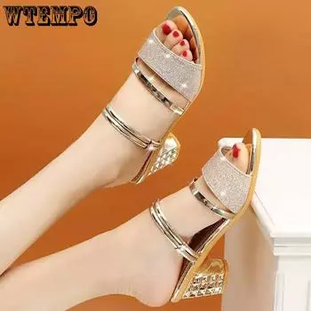 Летние женские сандалии, модные сандалии на массивном среднем каблуке, корейская версия, сексуальные универсальные тапочки с открытым носком, женские 35 золотой