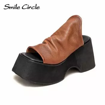 Летние женские сандалии на массивном каблуке из натуральной кожи, удлиняющая обувь на толстой подошве, модная обувь в стиле ретро на толстом каблуке 34 коричневый