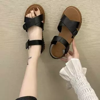 Летние женские сандалии на плоской подошве, элегантные женские туфли из искусственной кожи с перекрестными шнурками, повседневные сандалии в римском стиле с открытым носком 35 чёрный