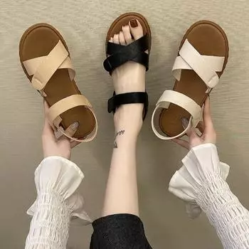 Летние женские сандалии на плоской подошве, элегантные женские туфли из искусственной кожи с перекрестными шнурками, повседневные сандалии в римском стиле с открытым носком 35 чёрный