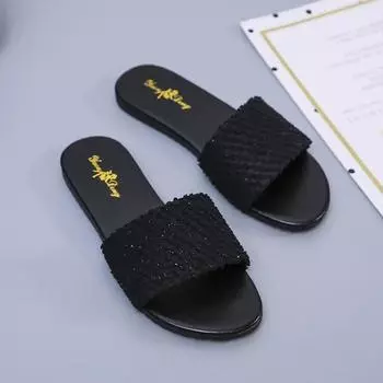 Летние женские сандалии на плоской подошве, большие размеры 42 43, женские повседневные тапочки с открытым носком и пайетками, 2024, новые шлепанцы для женщин 35 чёрный