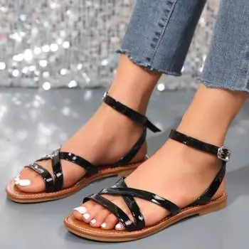 Летние женские сандалии на плоской подошве, повседневные римские туфли, женские туфли с перекрестным ремешком на щиколотке, сандалии для пляжа, женские сандалии для платья 36 чёрный