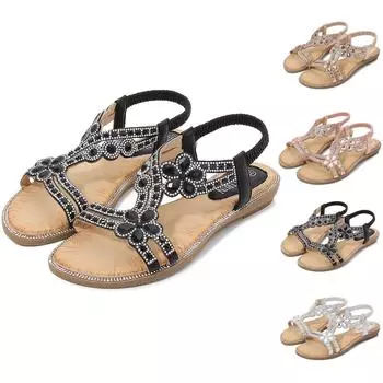 Летние женские сандалии на плоской подошве с блестящими цветами и кристаллами, пляжная повседневная обувь 40 серебряный