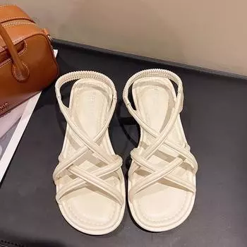 Летние женские сандалии на плоской подошве с тонкими перекрестными ремешками, повседневная женская обувь, сандалии на мягкой подошве, женские однотонные сандалии Zapatos 35 бежевый