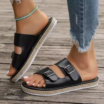 Летние женские сандалии на плоской подошве с пряжкой на ремне и открытым носком, винтажные нескользящие повседневные женские тапочки большого размера, туфли на платформе, женские шлепанцы 36 чёрный