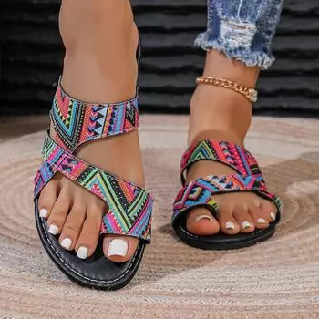Летние женские сандалии на плоской подошве в этническом стиле в римском стиле 2024 года, дышащий дизайн с принтованным носком, большой размер. 38