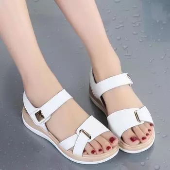 Летние женские сандалии на плоской подошве. Женская удобная повседневная женская обувь с крючками и петлями. 35 белый