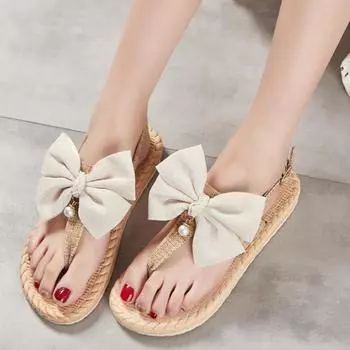 Летние женские сандалии на плоской подошве, женские шлепанцы, женские пляжные сандалии с бантом в стиле богемейн, большой размер 35 бежевый